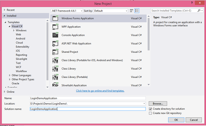 The New Project dialog with Windows Forms Application selected